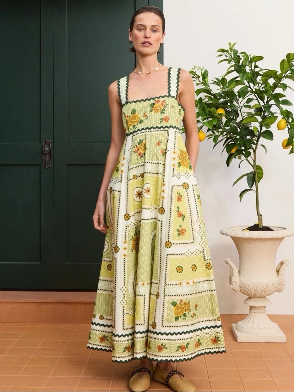 Alemais Green Floral Square-Neck Maxi Dress
